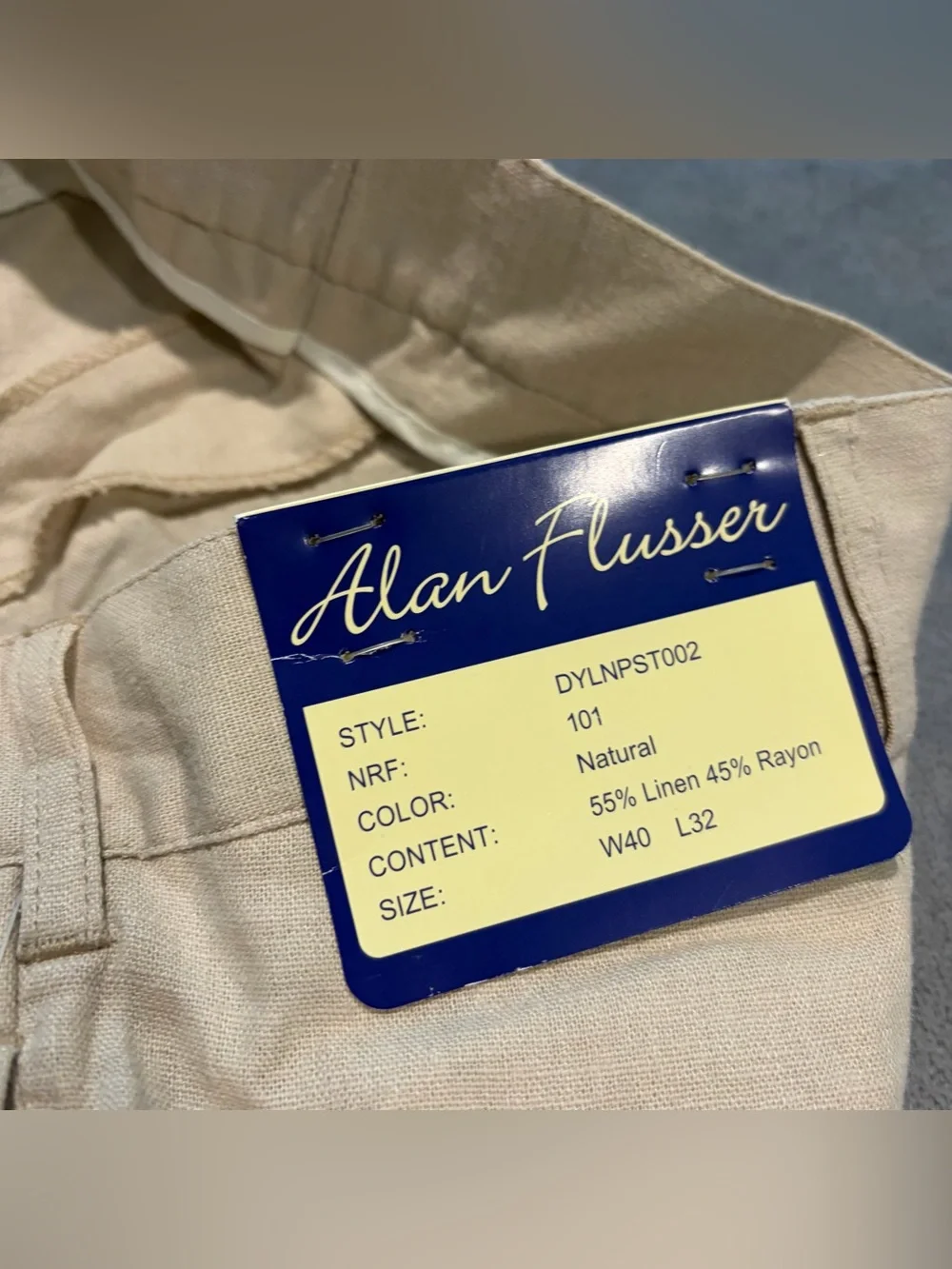 Alan Flusser Pants Mens 40x27 Beige Linen Blend Pleated Dress Trousers